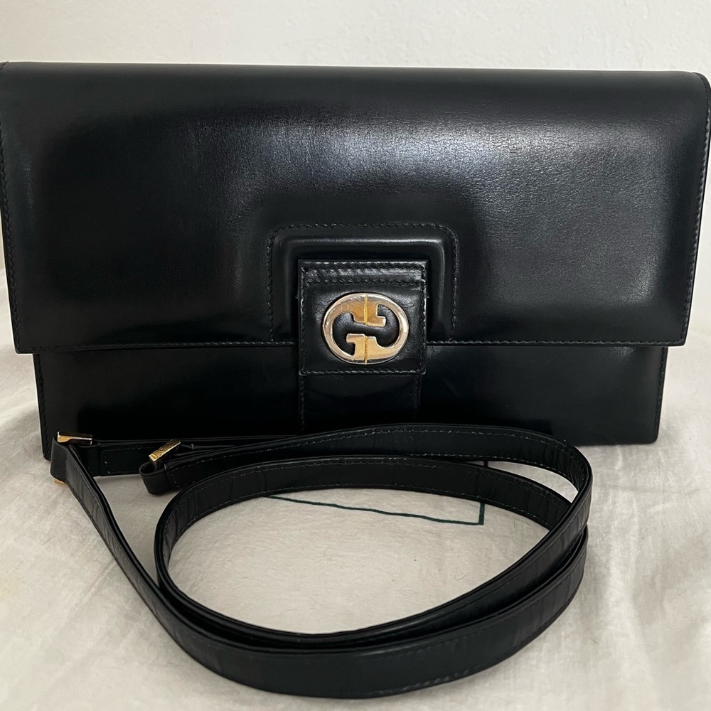 Rare Vintage Gucci Shoulder Clutch Bag Black Leather 1970s - Picture 10 of 17